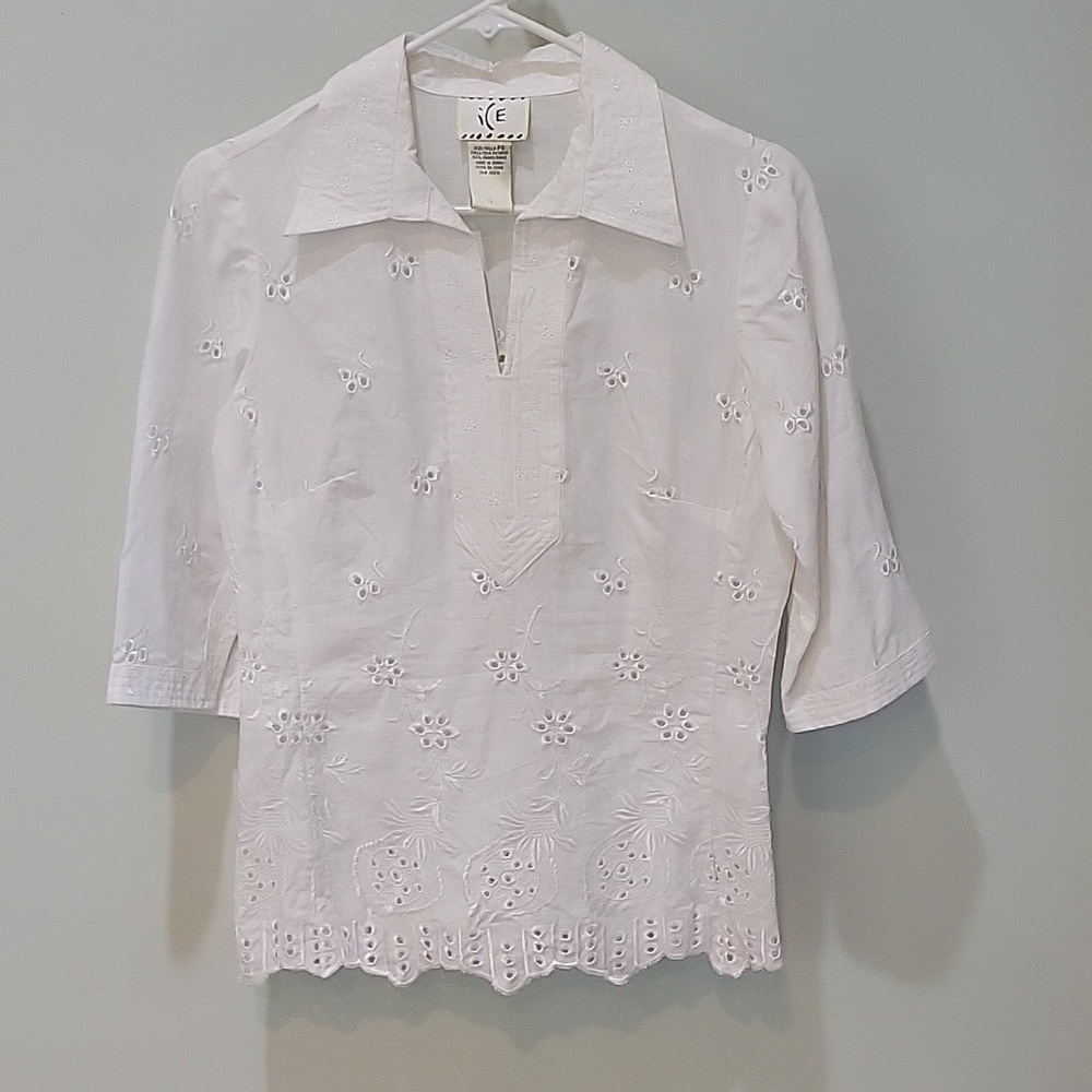 ICE white eyelet top. 100% Ramie.  Size is PS.  Cute!